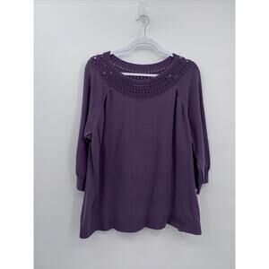 CJ Banks Cotton Crochet Neckline 3/4 Sleeve Pullover Knit Sweater Purple 3X